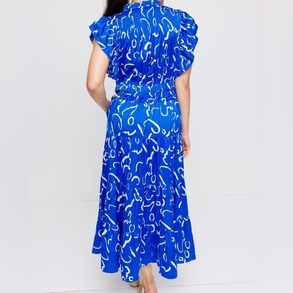 THML Serpentine Sway Satin Blue White Maxi Dress M - Picture 4 of 11